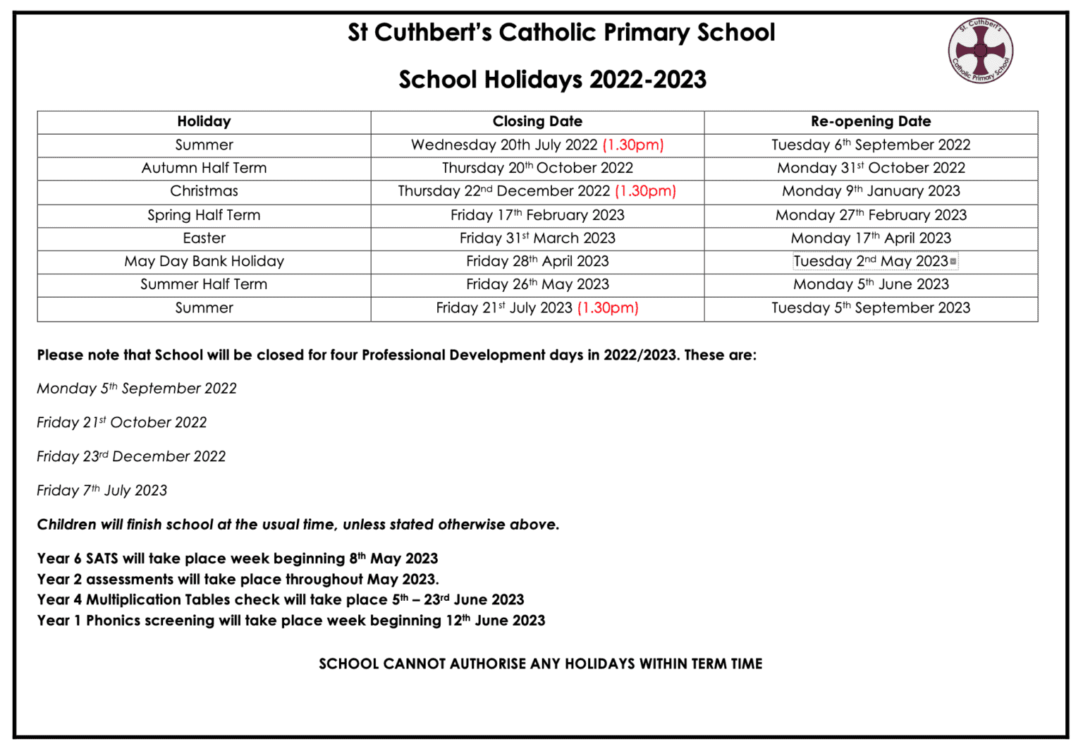 School Holiday Dates St. Cuthbert's Catholic Primary School