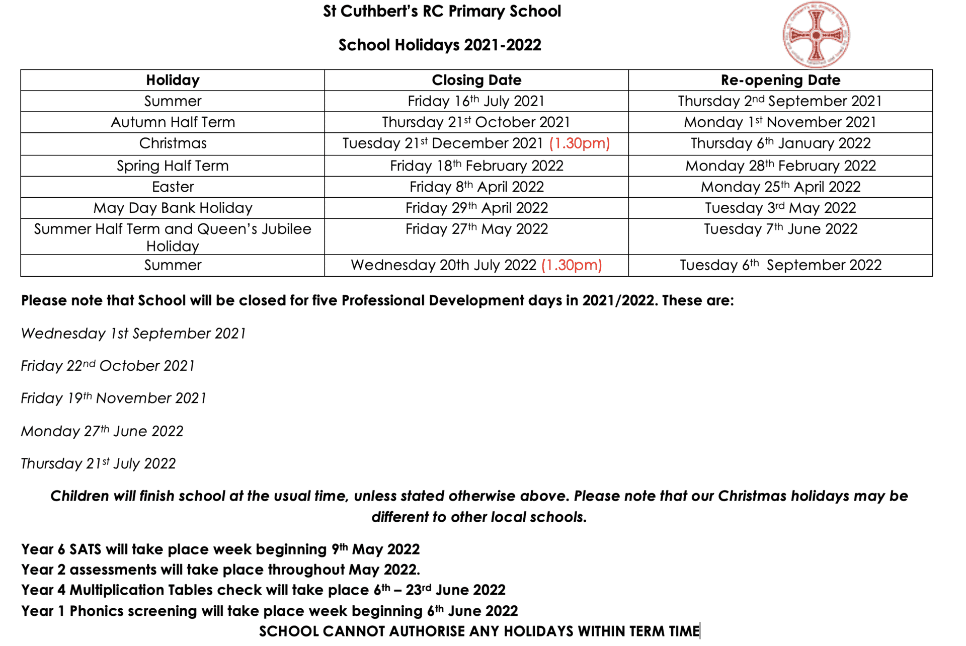Term Dates St. Cuthbert's Primary School